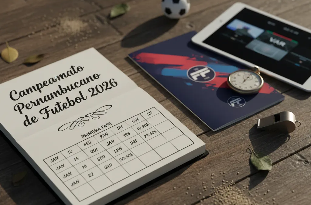 Vista aérea de um estádio de futebol lotado, com gramado verde e luzes acesas, para o Campeonato Pernambucano 2026.