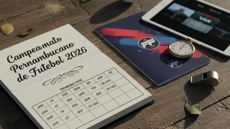 Vista aérea de um estádio de futebol lotado, com gramado verde e luzes acesas, para o Campeonato Pernambucano 2026.