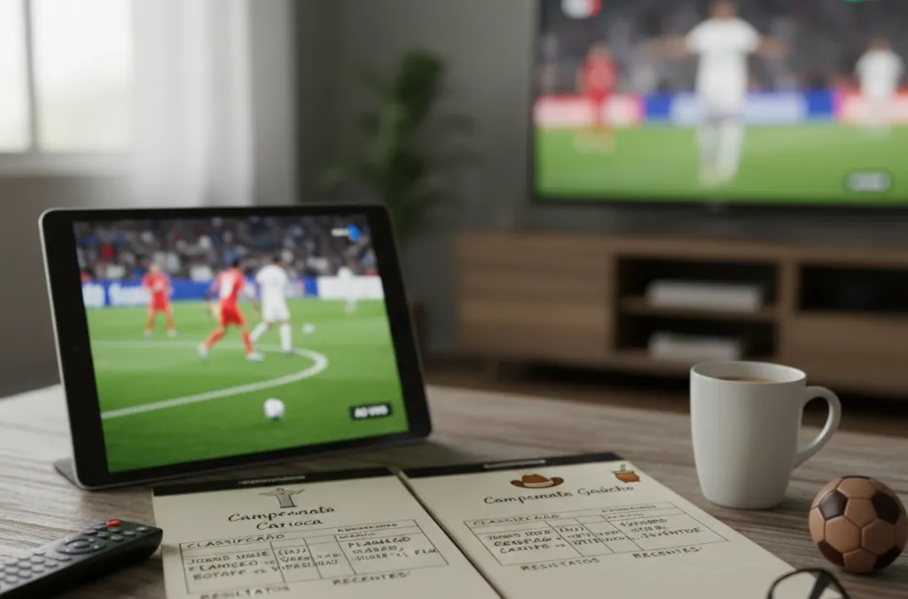 Jogadores de futebol em campo disputando a bola sob os holofotes, representando a emoção do Campeonato Carioca e Gaúcho.