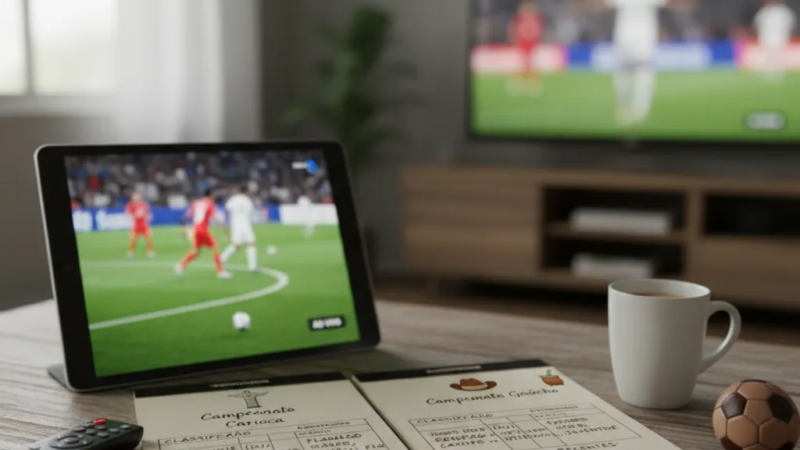 Jogadores de futebol em campo disputando a bola sob os holofotes, representando a emoção do Campeonato Carioca e Gaúcho.