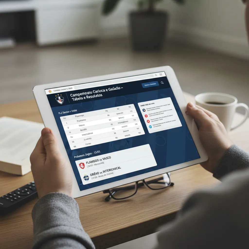 Campo de futebol iluminado com jogadores em ação durante um jogo do Campeonato Carioca ou Gaúcho, com torcida ao fundo.