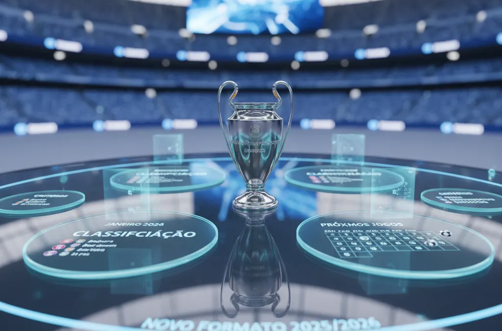 Emblema da Champions League 2025/2026 iluminado no gramado de um estádio europeu lotado antes de um jogo.