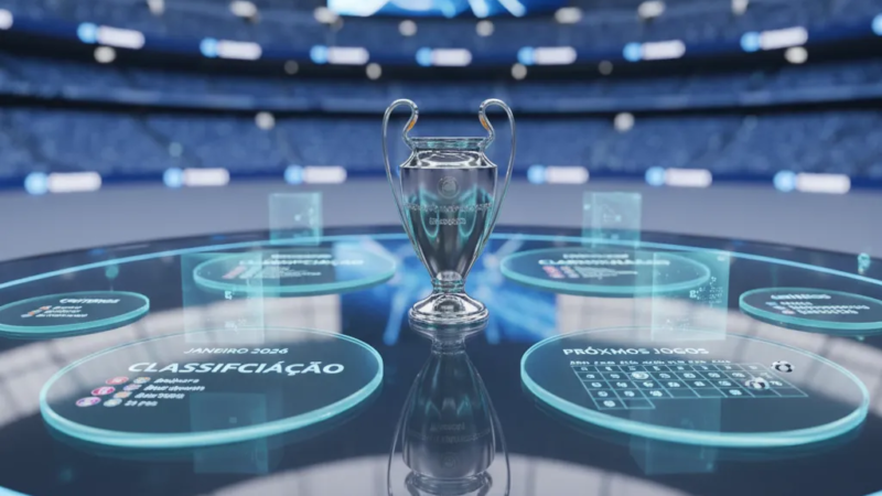 Emblema da Champions League 2025/2026 iluminado no gramado de um estádio europeu lotado antes de um jogo.