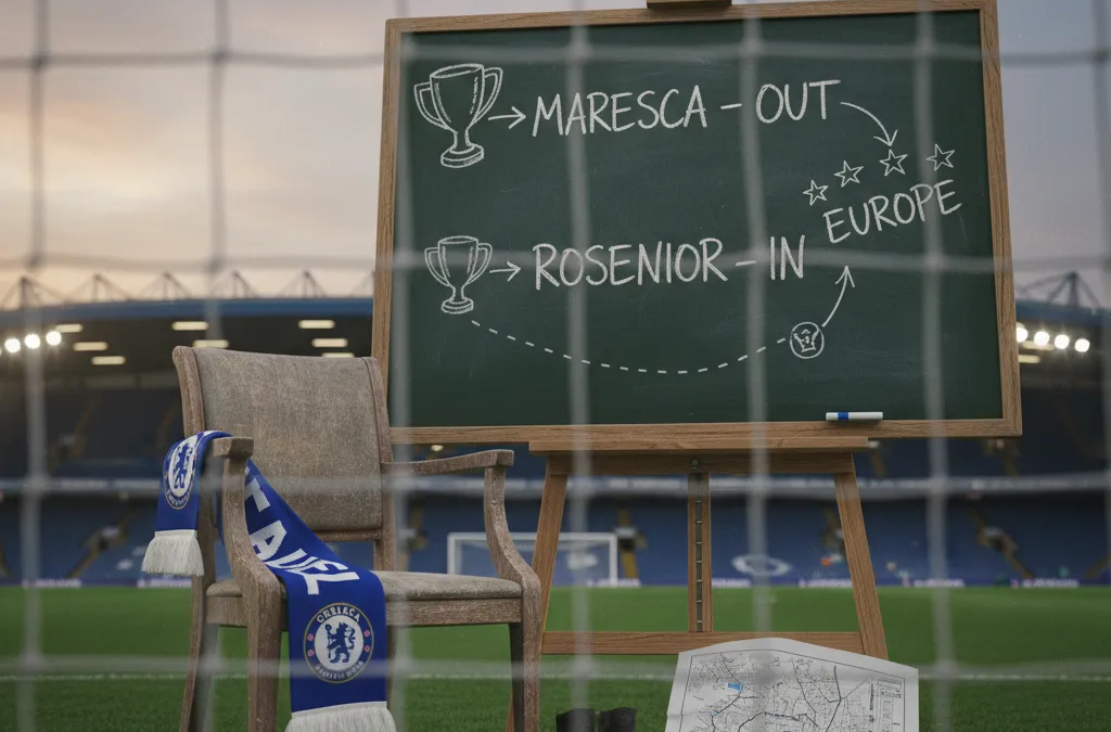 Jogador do Chelsea em uniforme azul vibrando após marcar um gol no campo de Stamford Bridge.