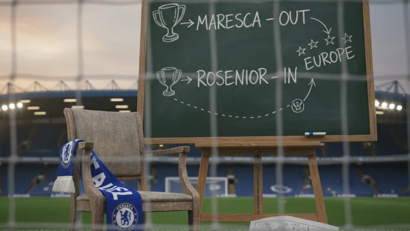 Jogador do Chelsea em uniforme azul vibrando após marcar um gol no campo de Stamford Bridge.