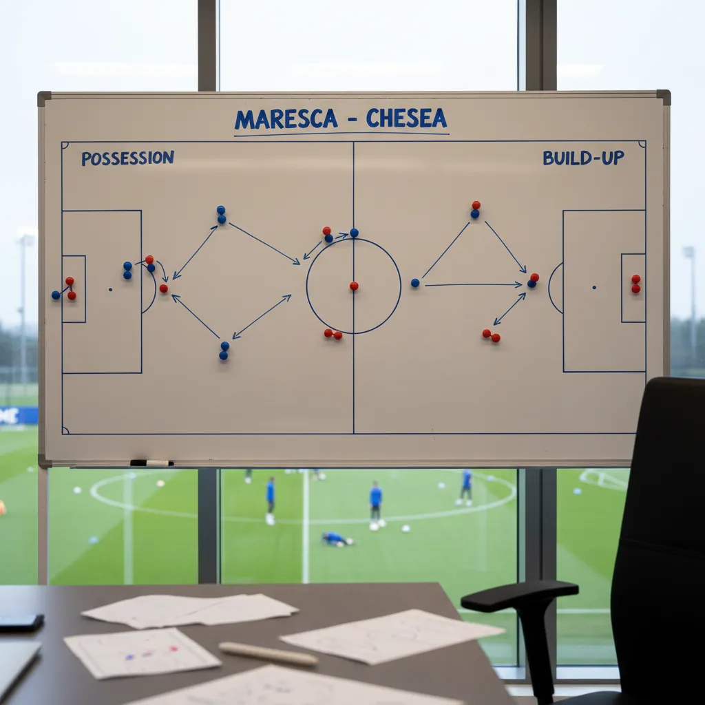 Enzo Maresca, treinador do Chelsea, em campo com uniforme azul. Foco na sua chegada ao clube.