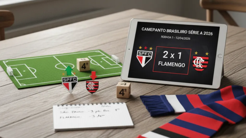 Atleta do São Paulo FC disputa bola aérea com jogador do Flamengo em campo, crucial para as classificações.