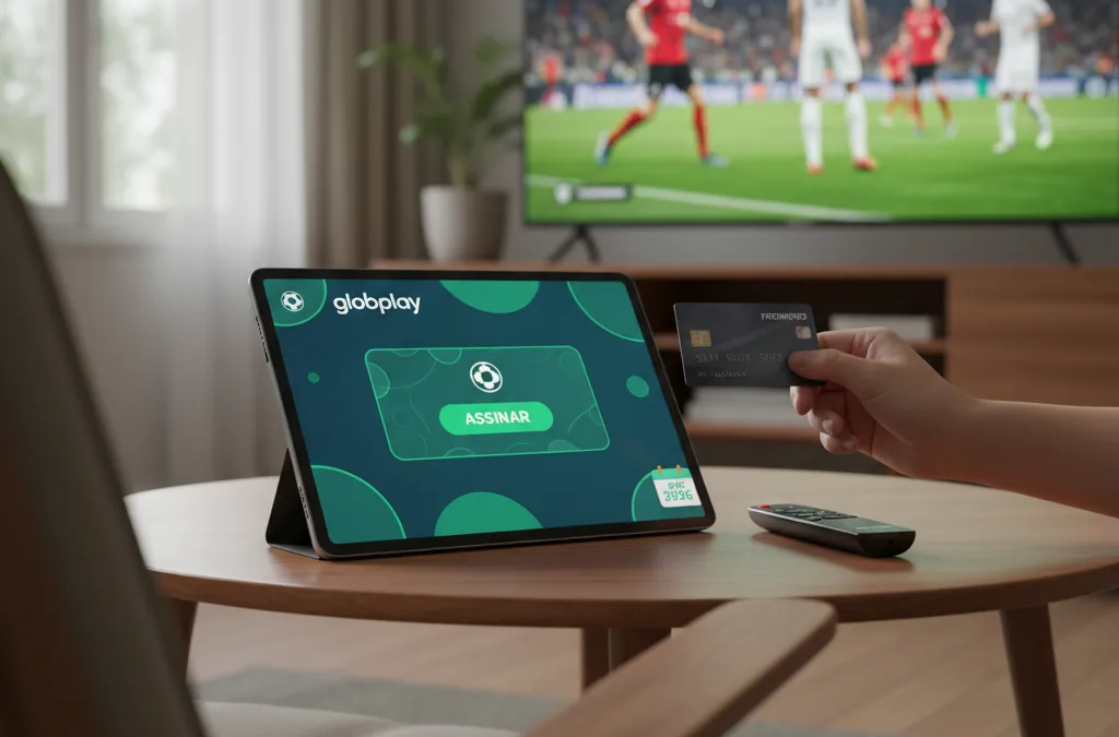 Tela de smart TV exibindo partida de futebol ao vivo no Globoplay, com logo e controle remoto.