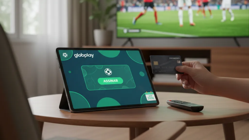 Tela de smart TV exibindo partida de futebol ao vivo no Globoplay, com logo e controle remoto.