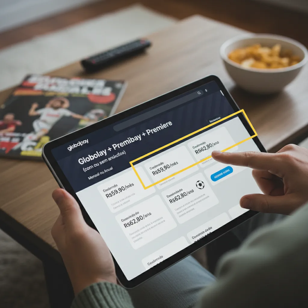 Interface do Globoplay exibindo um jogo de futebol ao vivo do Premiere. Assinatura para assistir futebol.