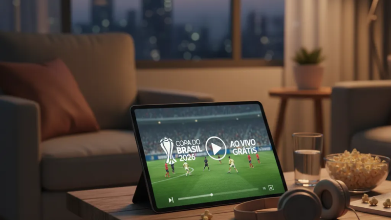 Torcedor assistindo a um jogo da Copa do Brasil 2026 ao vivo online em seu laptop, com a tela exibindo a partida.