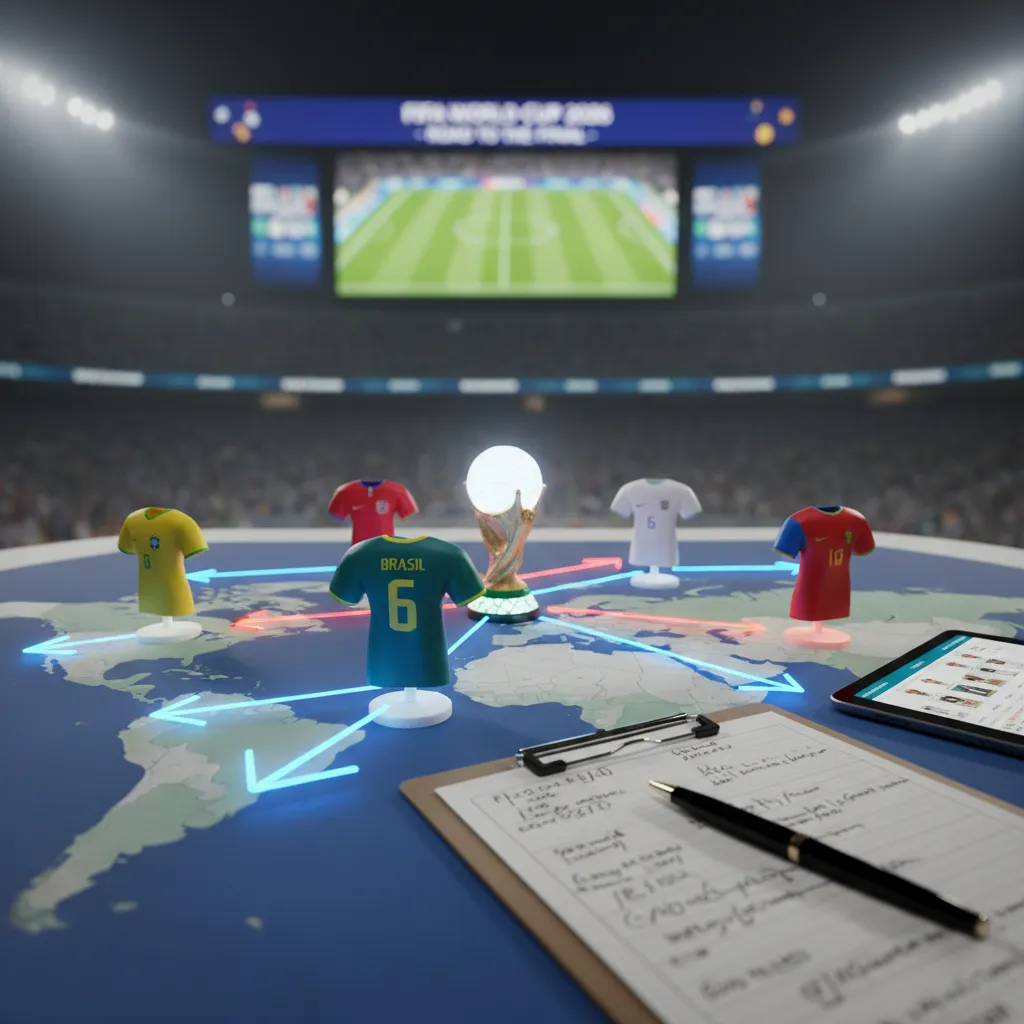 Jogadores da seleção brasileira de futebol celebrando em campo, com uniformes amarelos e verdes, simbolizando a busca pelo hexa na Copa do Mundo 2026.