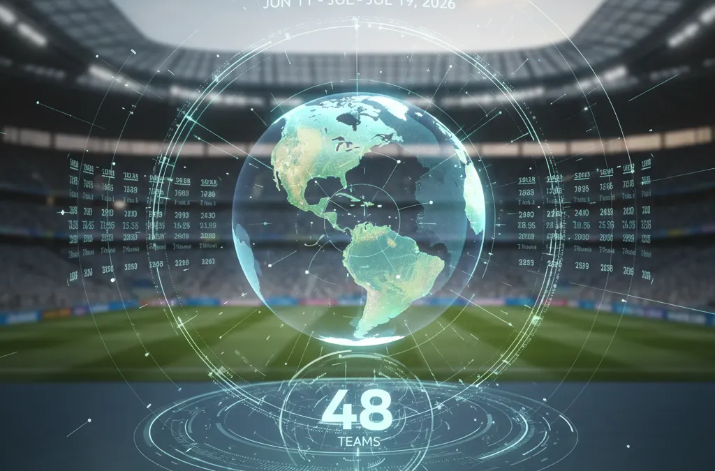 Vista panorâmica de um moderno estádio de futebol iluminado, pronto para a Copa do Mundo 2026.