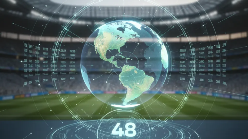 Vista panorâmica de um moderno estádio de futebol iluminado, pronto para a Copa do Mundo 2026.