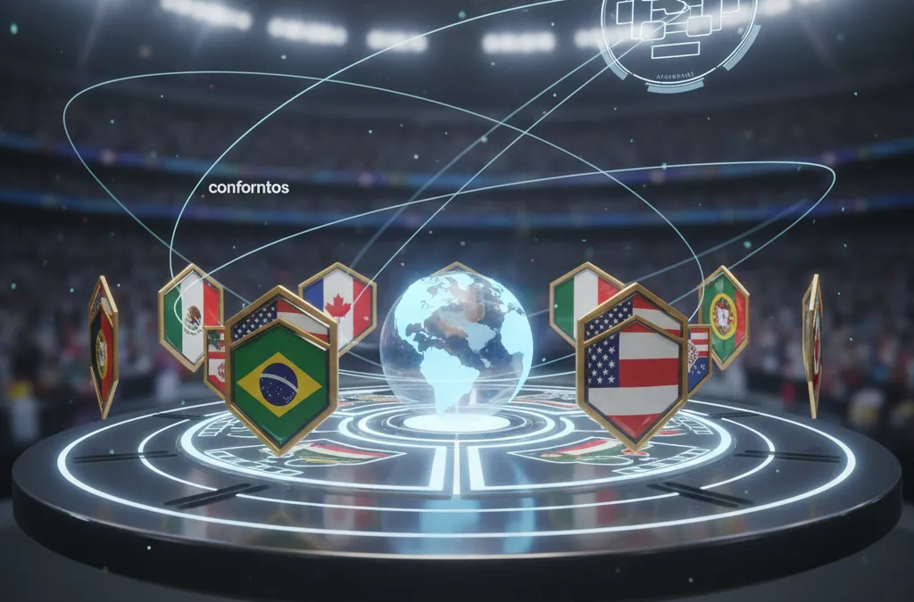 Jogador brasileiro comemorando em campo, focado nos grupos e confrontos da Copa do Mundo 2026.