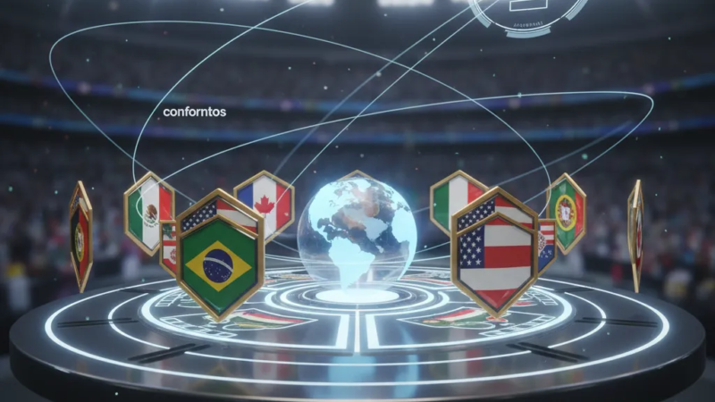 Jogador brasileiro comemorando em campo, focado nos grupos e confrontos da Copa do Mundo 2026.