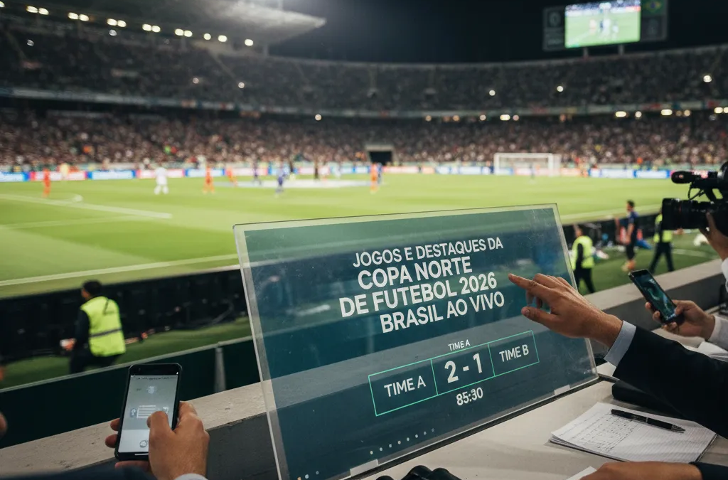 Jogador em campo verde chutando a bola com intensidade durante um dos jogos da Copa Norte de Futebol 2026.