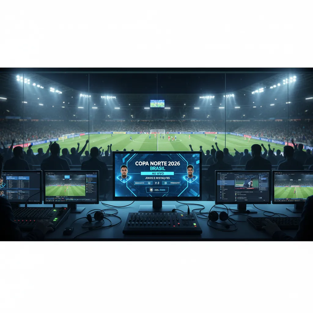 Vista de um estádio de futebol regional no Brasil, com gramado verde e jogadores, antecipando os jogos da Copa Norte 2026.