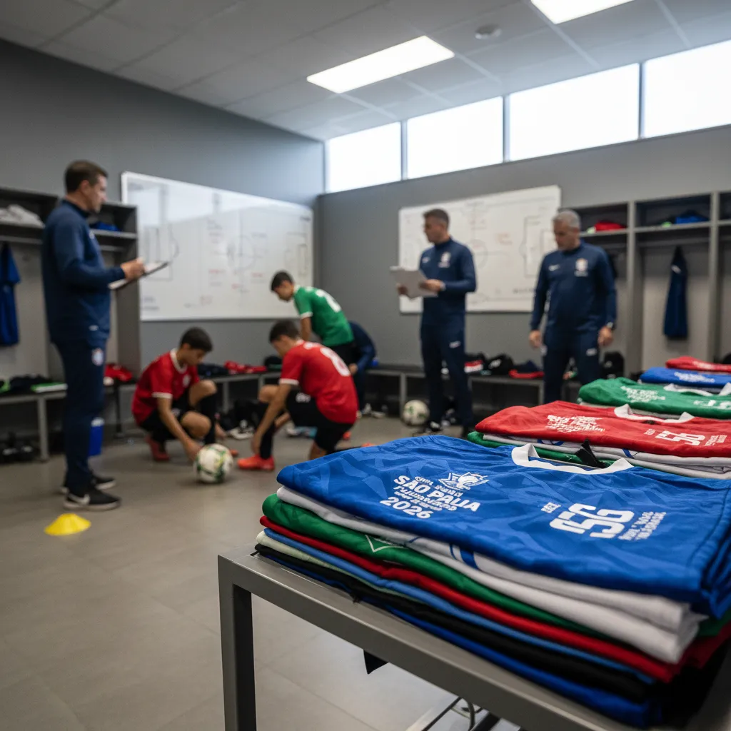 Jovens atletas de futebol em ação, disputando a bola no gramado, representando a energia da Copa São Paulo de Futebol Júnior.