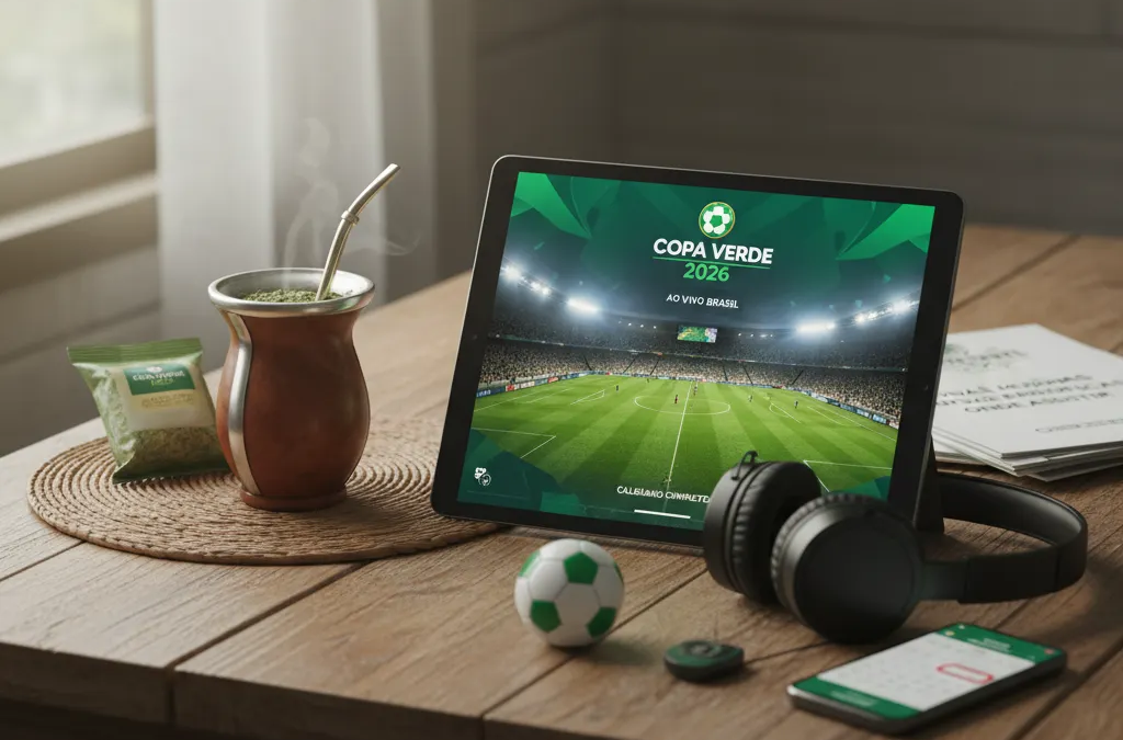 Tela de TV exibindo um jogo de futebol da Copa Verde 2026 ao vivo, com controle remoto.