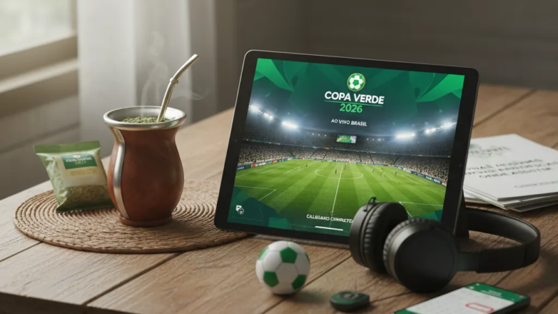 Tela de TV exibindo um jogo de futebol da Copa Verde 2026 ao vivo, com controle remoto.