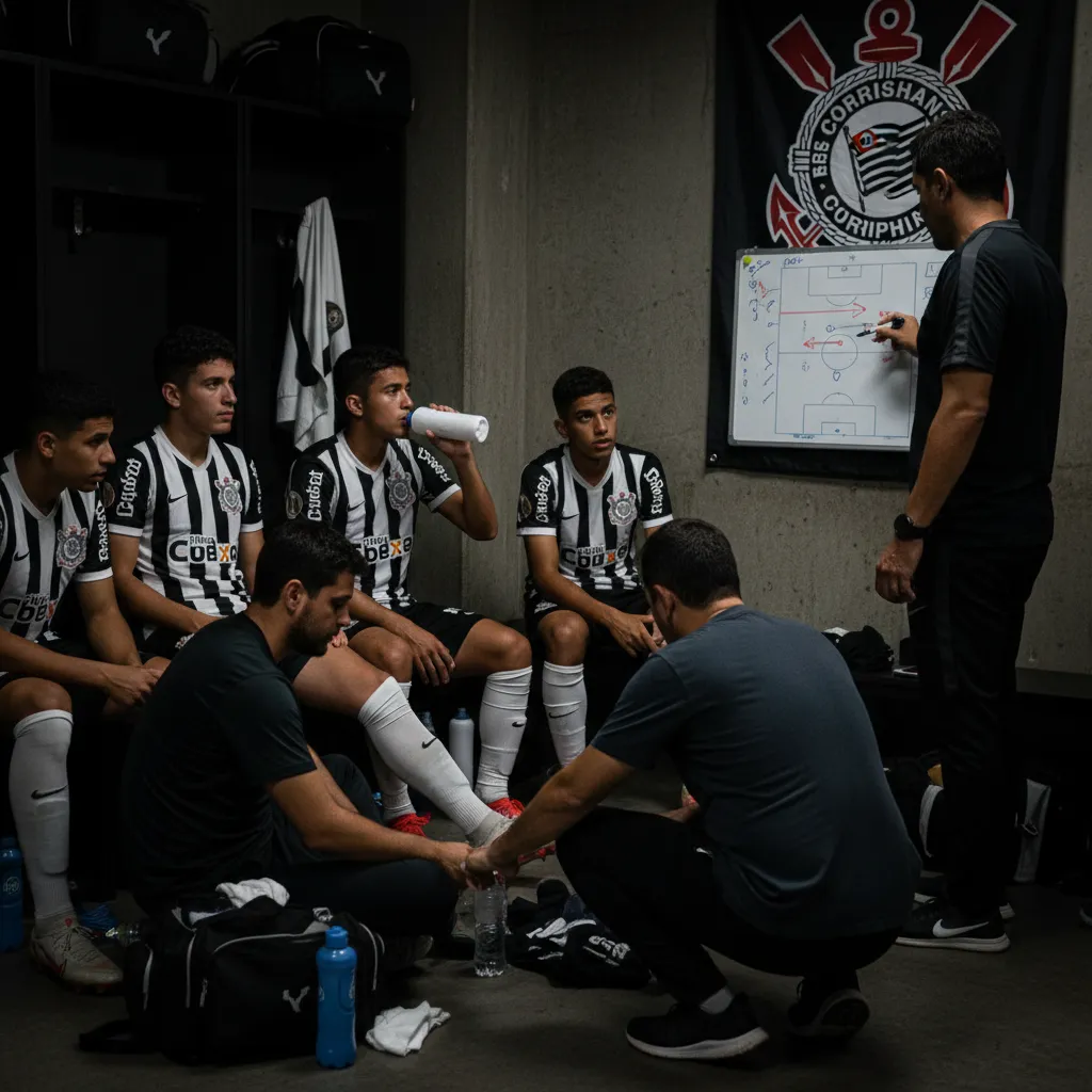 Jovens talentos do Corinthians Sub-20 em ação, celebrando um gol em partida da Copa SP de Futebol Júnior.