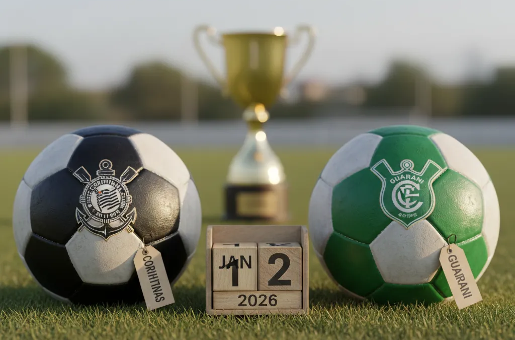 Jogadores de Corinthians e Guarani disputam a bola em campo gramado, com torcida ao fundo.