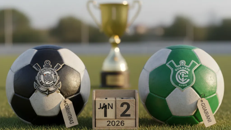 Jogadores de Corinthians e Guarani disputam a bola em campo gramado, com torcida ao fundo.