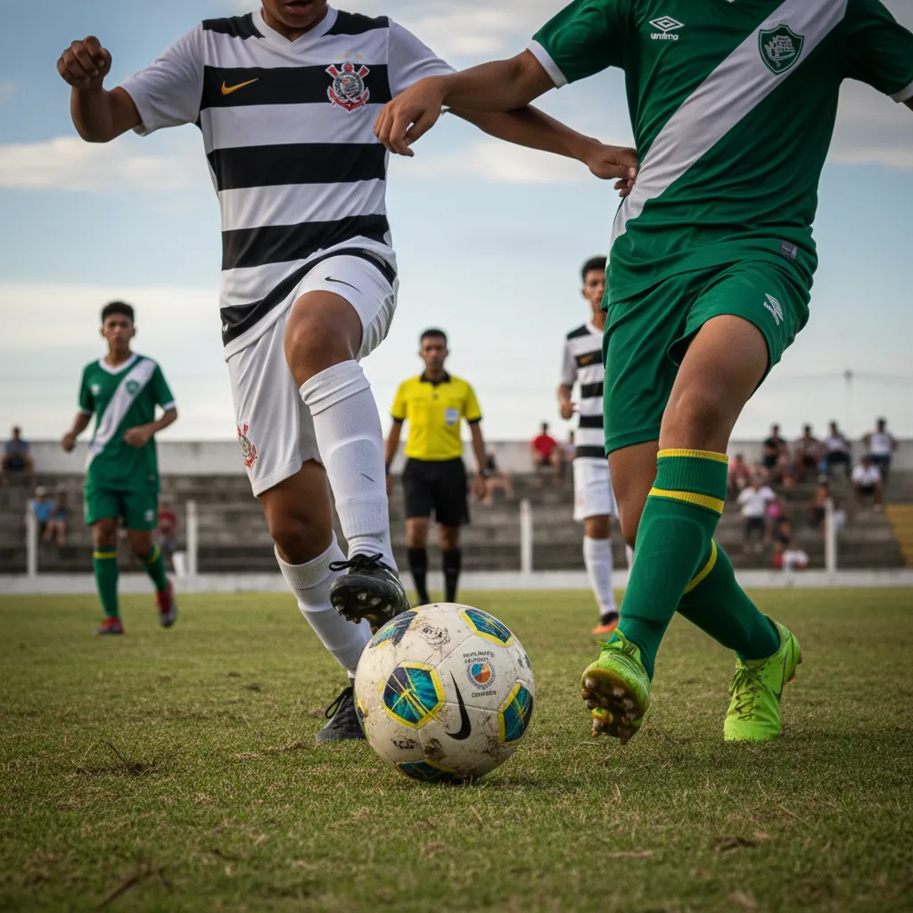 Jogadores do Corinthians e Guarani em ação na Copa São Paulo de Futebol Júnior. Gramado verde, uniformes dos clubes.