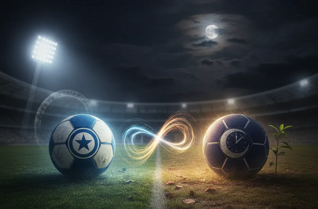 Jogador do Cruzeiro de camisa azul dribla adversário em campo de futebol. Ação intensa do jogo Cruzeiro x Meia-Noite.