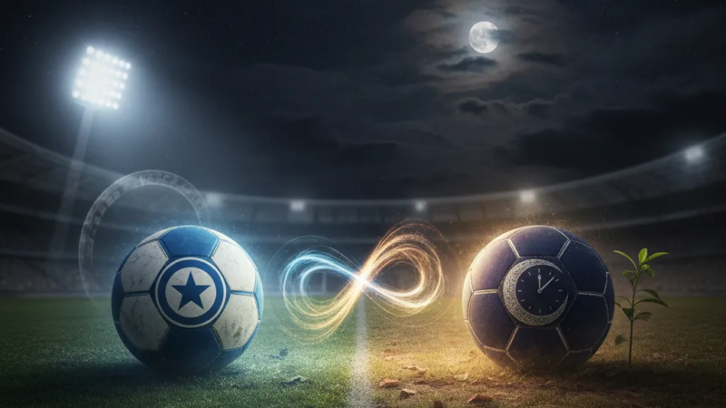 Jogador do Cruzeiro de camisa azul dribla adversário em campo de futebol. Ação intensa do jogo Cruzeiro x Meia-Noite.