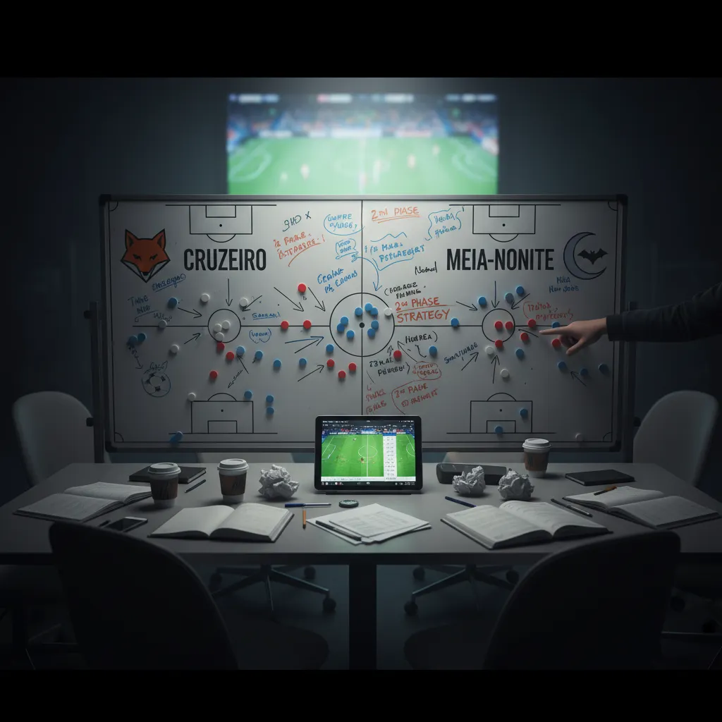 Jogadores do Cruzeiro em ação no gramado, disputando a bola sob os refletores de uma partida noturna.