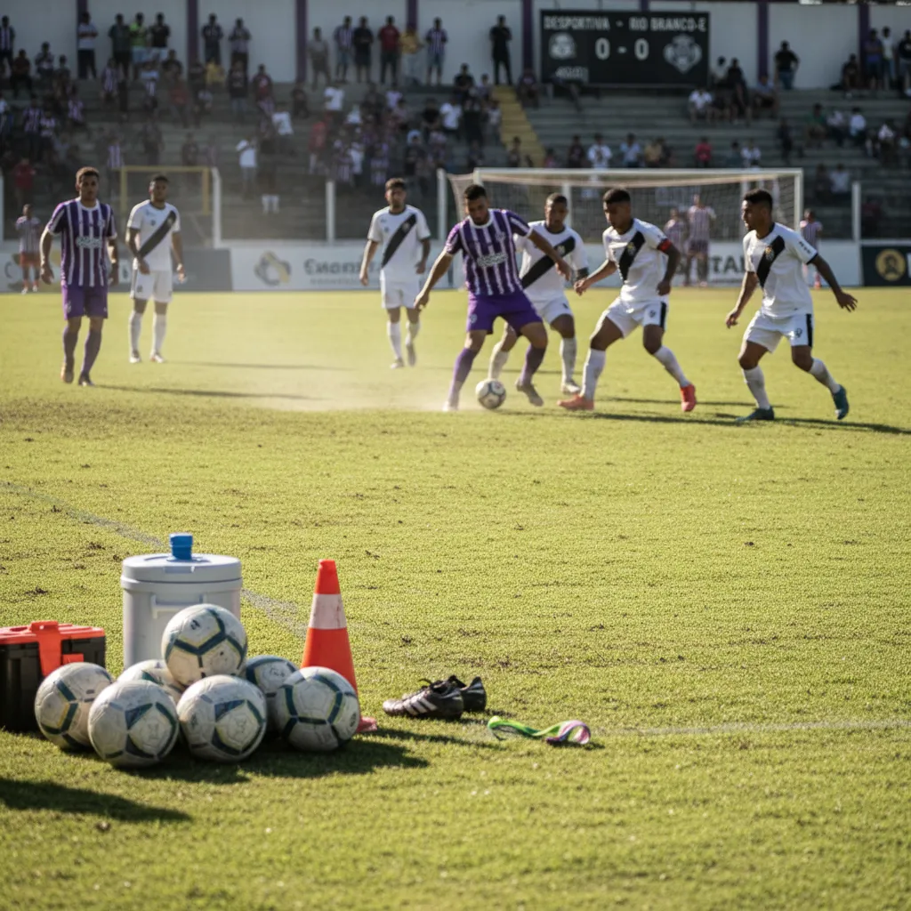 Jogadores da Desportiva Ferroviária (grená) e Rio Branco-E (branco) disputam a bola em campo gramado no Campeonato Capixaba.
