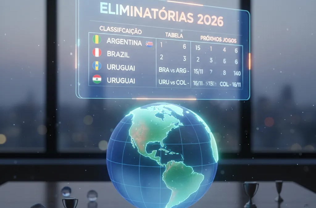 Estádio de futebol iluminado com o logo da Copa do Mundo 2026 em destaque, simbolizando as Eliminatórias 2026.