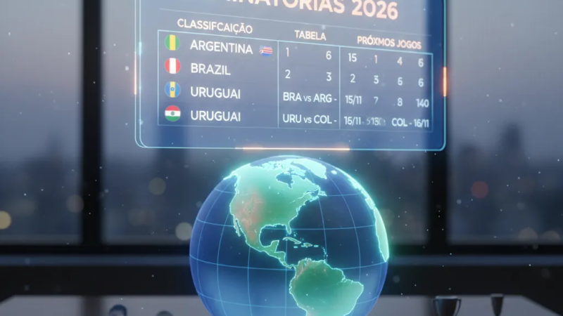 Estádio de futebol iluminado com o logo da Copa do Mundo 2026 em destaque, simbolizando as Eliminatórias 2026.