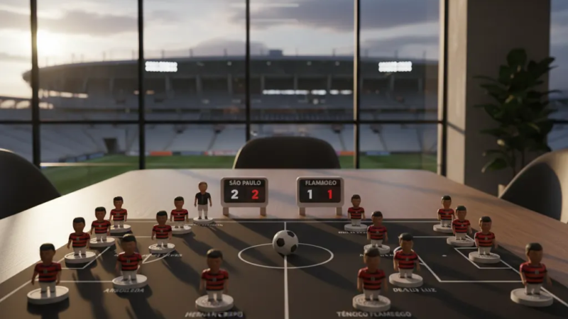 Jogadores do São Paulo FC e Flamengo em disputa intensa pela bola durante partida do Brasileirão 2026.