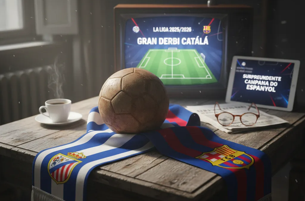 Jogadores do Espanyol e Barcelona disputam a bola no gramado em um lance do jogo Espanyol vs Barcelona.