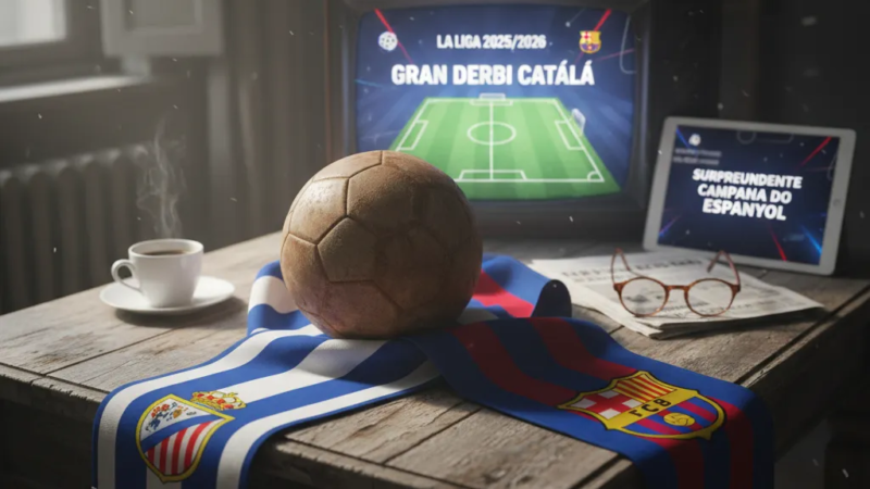 Jogadores do Espanyol e Barcelona disputam a bola no gramado em um lance do jogo Espanyol vs Barcelona.