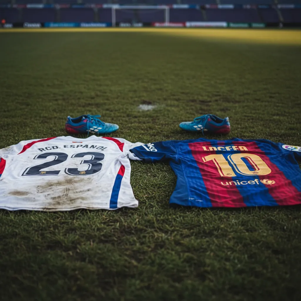 Ação de jogo entre jogadores do Espanyol e Barcelona em campo, disputando a bola em um clássico de futebol.