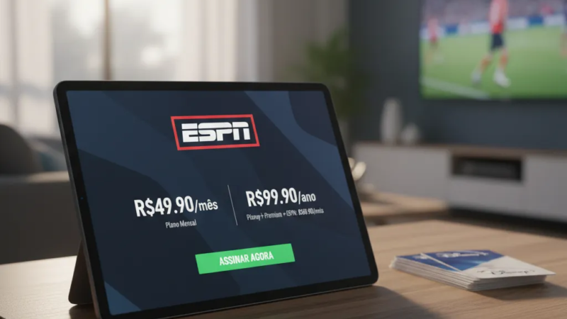 Mão segurando controle remoto em frente à TV exibindo logo ESPN e Disney+. Descubra como assinar a ESPN no Brasil.