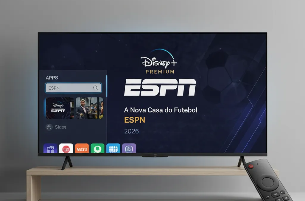 Mão segurando controle remoto navegando na TV para assistir futebol ao vivo na ESPN via Disney+.