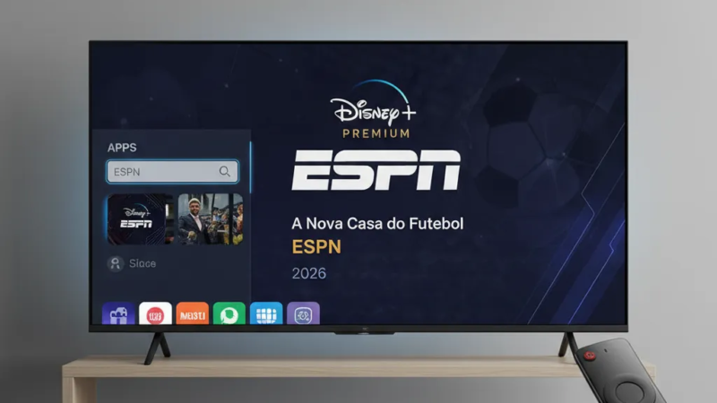 Mão segurando controle remoto navegando na TV para assistir futebol ao vivo na ESPN via Disney+.