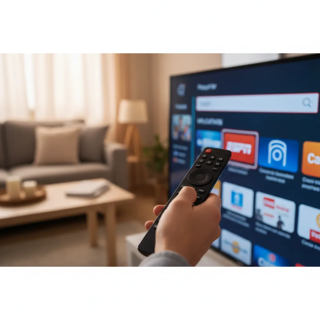 Tela de smart TV exibindo o aplicativo da ESPN, com um controle remoto em primeiro plano, ilustrando como assistir futebol na TV.