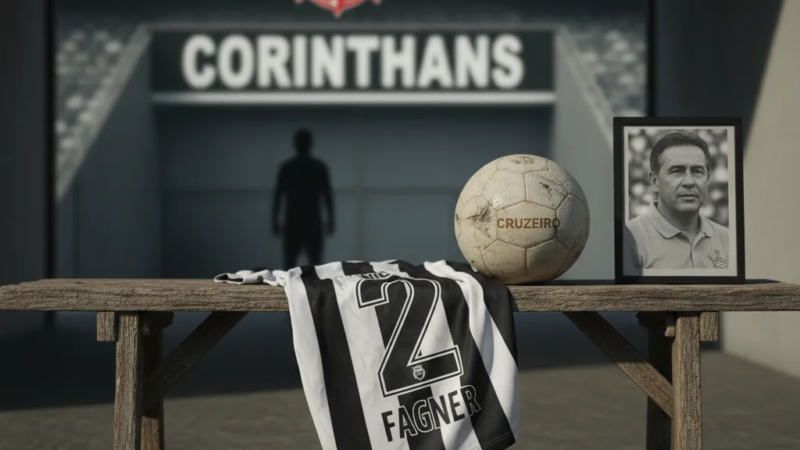 Fagner, lateral do Corinthians, corre com a bola em campo, vestindo o uniforme preto e branco.