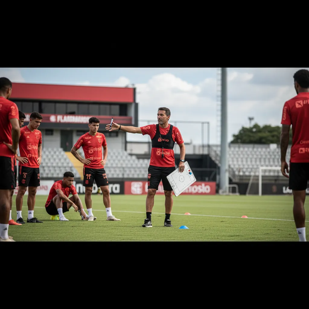 Filipe Luís, técnico do Flamengo, à beira do campo, concentrado e dando instruções durante uma partida.