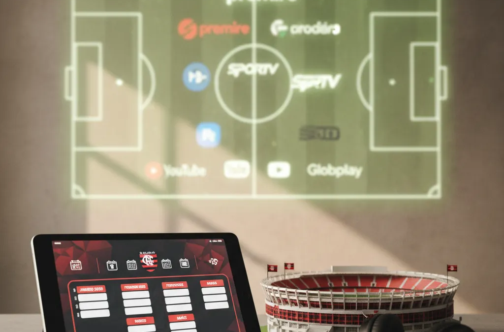 Jogador do Flamengo em campo, driblando a bola com o uniforme rubro-negro. Calendário de jogos Flamengo 2026.