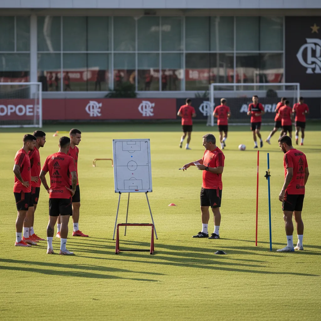 Jogador do Flamengo em ação com a camisa rubro-negra, disputando uma partida de futebol no Campeonato Carioca.