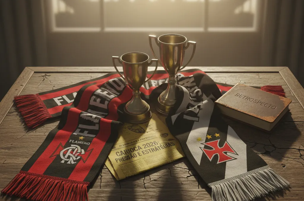 Jogadores do Flamengo e Vasco disputam a bola intensamente no campo, com torcida vibrando ao fundo do estádio.