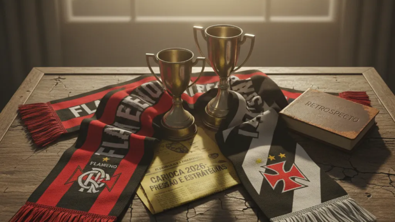 Jogadores do Flamengo e Vasco disputam a bola intensamente no campo, com torcida vibrando ao fundo do estádio.