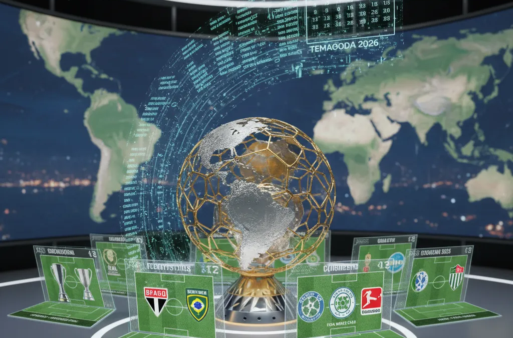 Bola de futebol no gramado verde de um estádio moderno, com placar eletrônico ao fundo exibindo resultados de campeonatos de futebol.